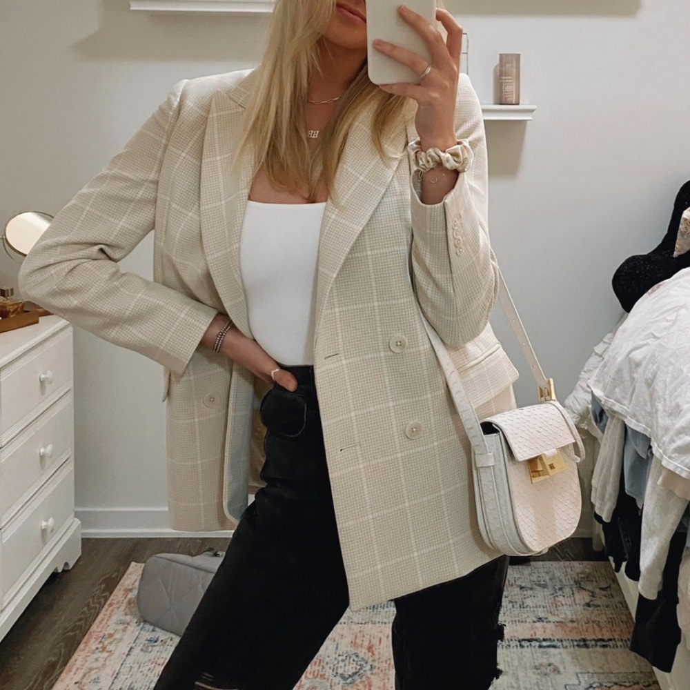 Wilfred Cream Plaid Double-Breasted Blazer
